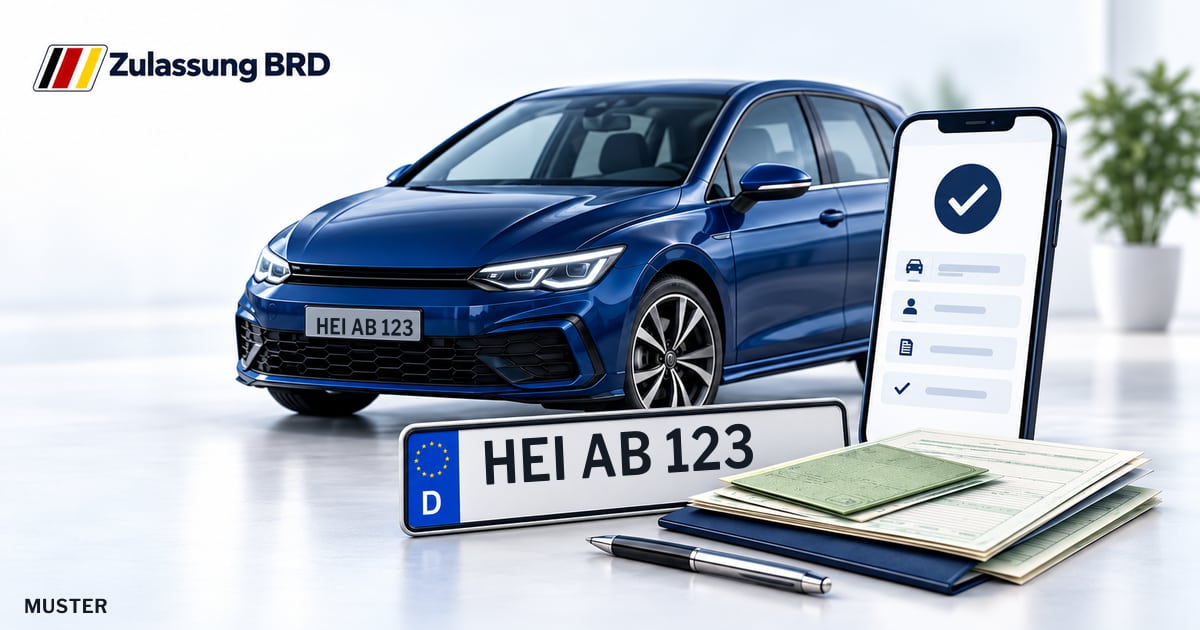 Online Fahrzeugzulassung in Landkreis Dithmarschen: Musterkennzeichen HEI AB 123, Auto und Fahrzeugpapiere und Smartphone. Illustration mit Logo von Zulassung BRD.